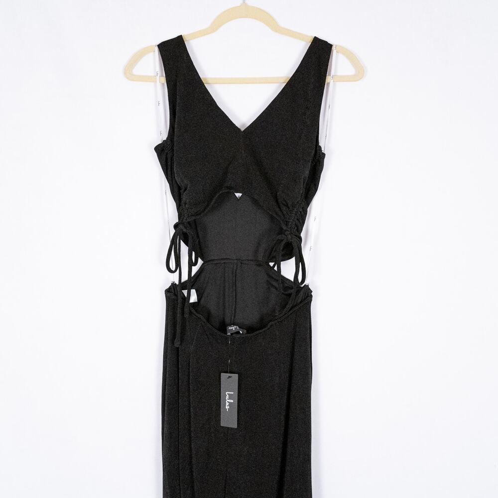 Lulus Black Slinky Knit Jumpsuit w/ Cutouts & Side Gathers #R1095 Wide Leg SMALL - Picture 4 of 4